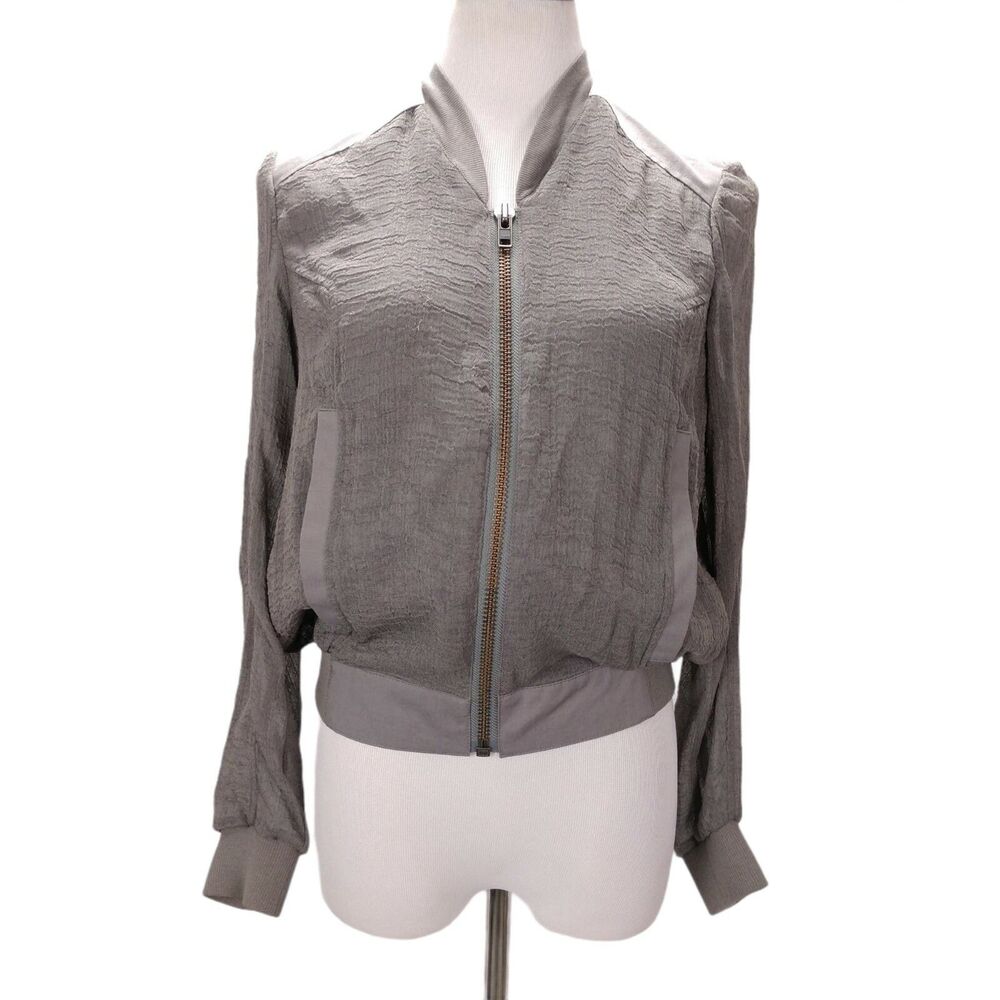 Helmut Lang Gray Bomber Jacket Size XS Sheer Crinkle Gauze Oversized Full Zip